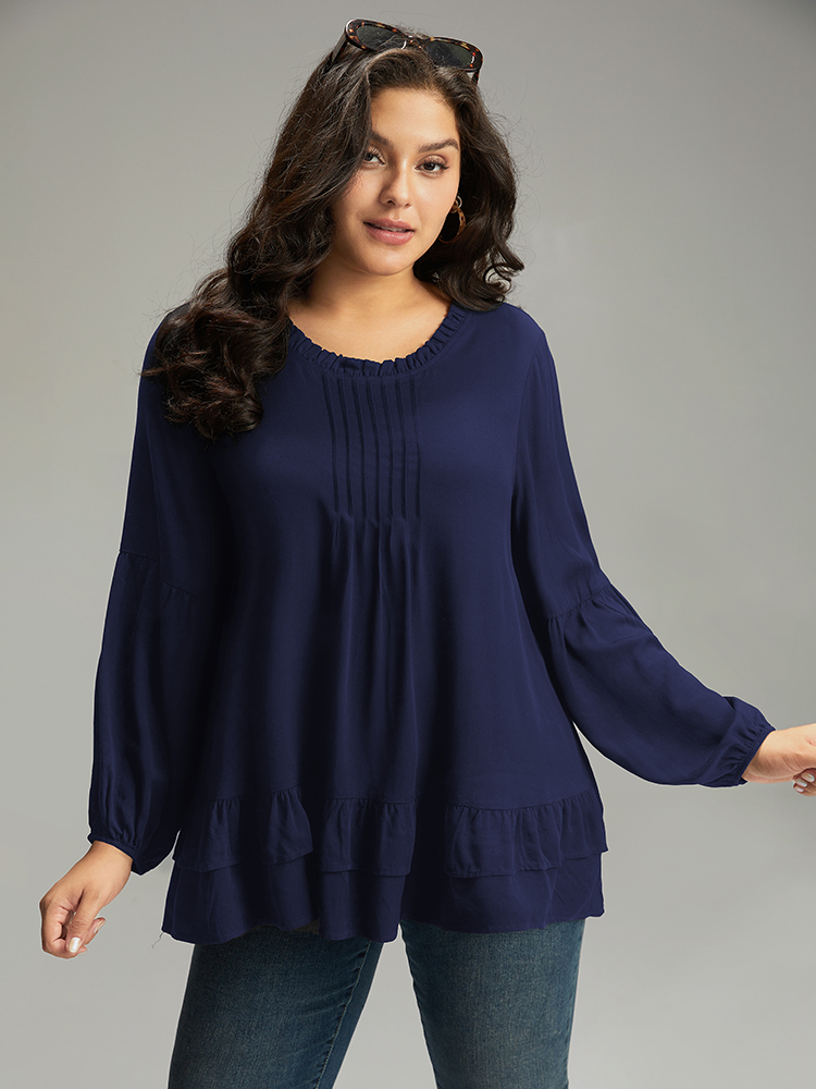 Plus Size Indigo Seam Detail Frill Trim Layered Blouse Women Elegant Long Sleeve Round Neck Dailywear Blouses BloomChic 22-24/3X 