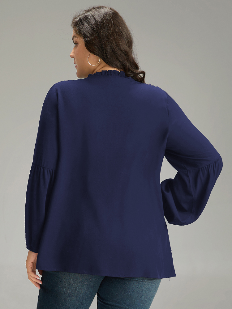 Plus Size Indigo Seam Detail Frill Trim Layered Blouse Women Elegant Long Sleeve Round Neck Dailywear Blouses BloomChic 22-24/3X 