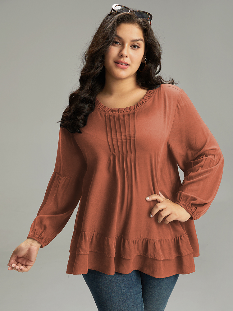 

Plus Size OrangeRed Seam Detail Frill Trim Layered Blouse Women Elegant Long Sleeve Round Neck Dailywear Blouses BloomChic