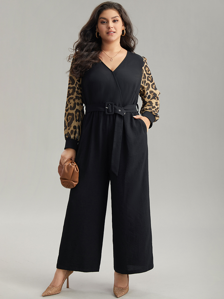 

Plus Size Black Leopard Patchwork Wrap Buckle Detail Belted Jumpsuit Women Glamour Long Sleeve V-neck Going out Loose Jumpsuits BloomChic