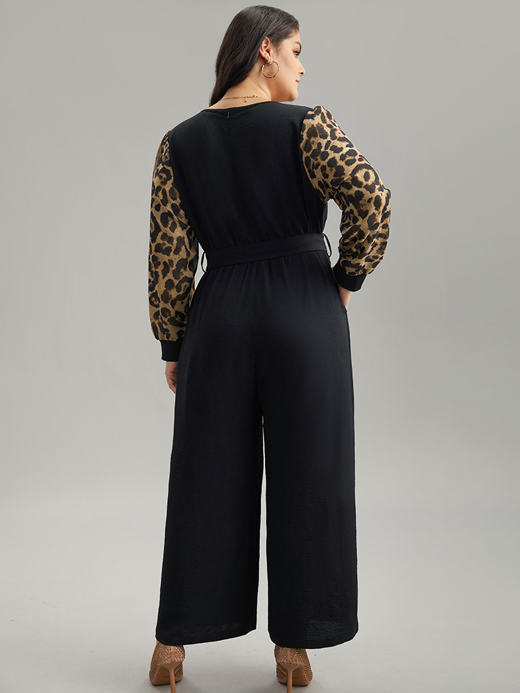 Plus Size Black Leopard Patchwork Wrap Buckle Detail Belted Jumpsuit Women Glamour Long Sleeve V-neck Going out Loose Jumpsuits BloomChic 30/6X 