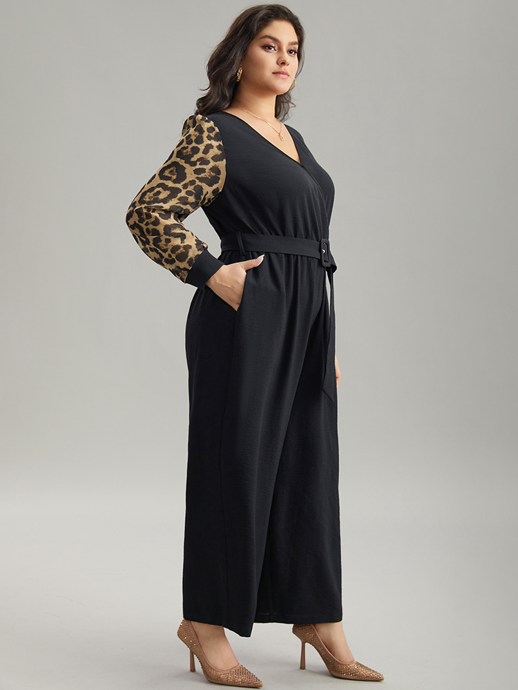 Plus Size Black Leopard Patchwork Wrap Buckle Detail Belted Jumpsuit Women Glamour Long Sleeve V-neck Going out Loose Jumpsuits BloomChic 30/6X 