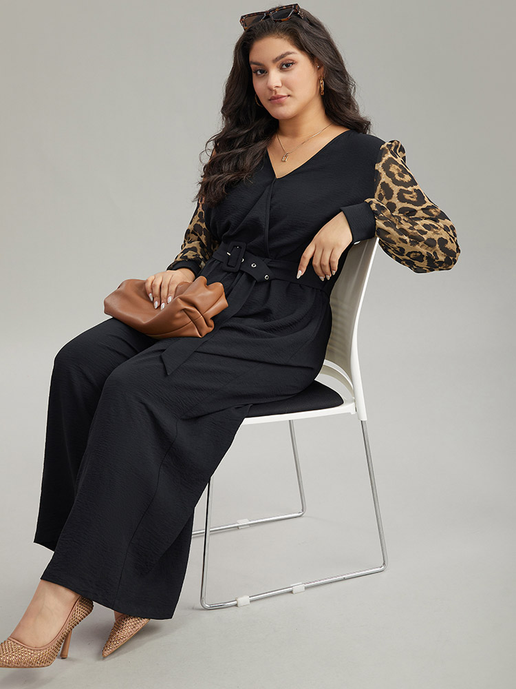 Plus Size Black Leopard Patchwork Wrap Buckle Detail Belted Jumpsuit Women Glamour Long Sleeve V-neck Going out Loose Jumpsuits BloomChic 30/6X 