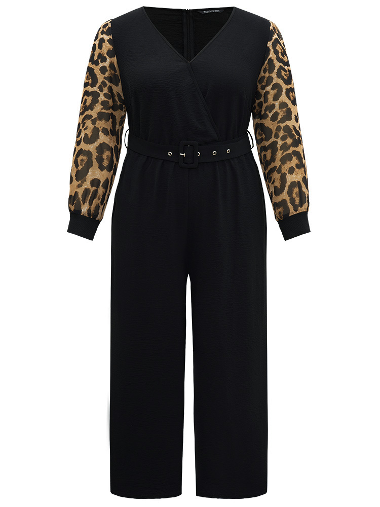 Plus Size Black Leopard Patchwork Wrap Buckle Detail Belted Jumpsuit Women Glamour Long Sleeve V-neck Going out Loose Jumpsuits BloomChic 30/6X 