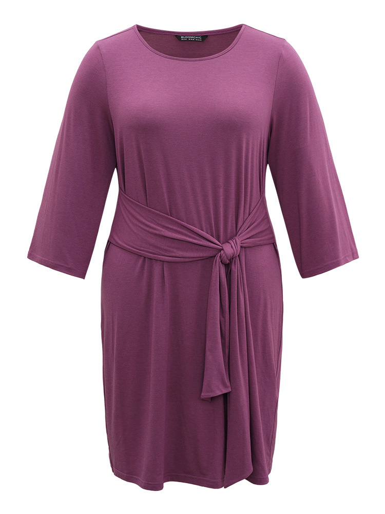 

Plus Size Solid Ties Knot Round Neck Dress Mauve Women Basics Plain Round Neck Long Sleeve Curvy Midi Dress BloomChic