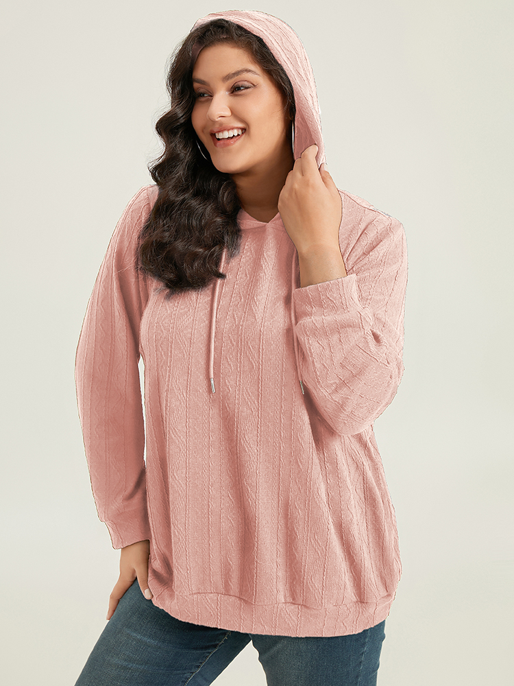 Plus Size Plain Textured Hooded Drawstring Sweatshirt Women Pink Casual Elastic cuffs Hooded Everyday Sweatshirts BloomChic 18-20/2X 