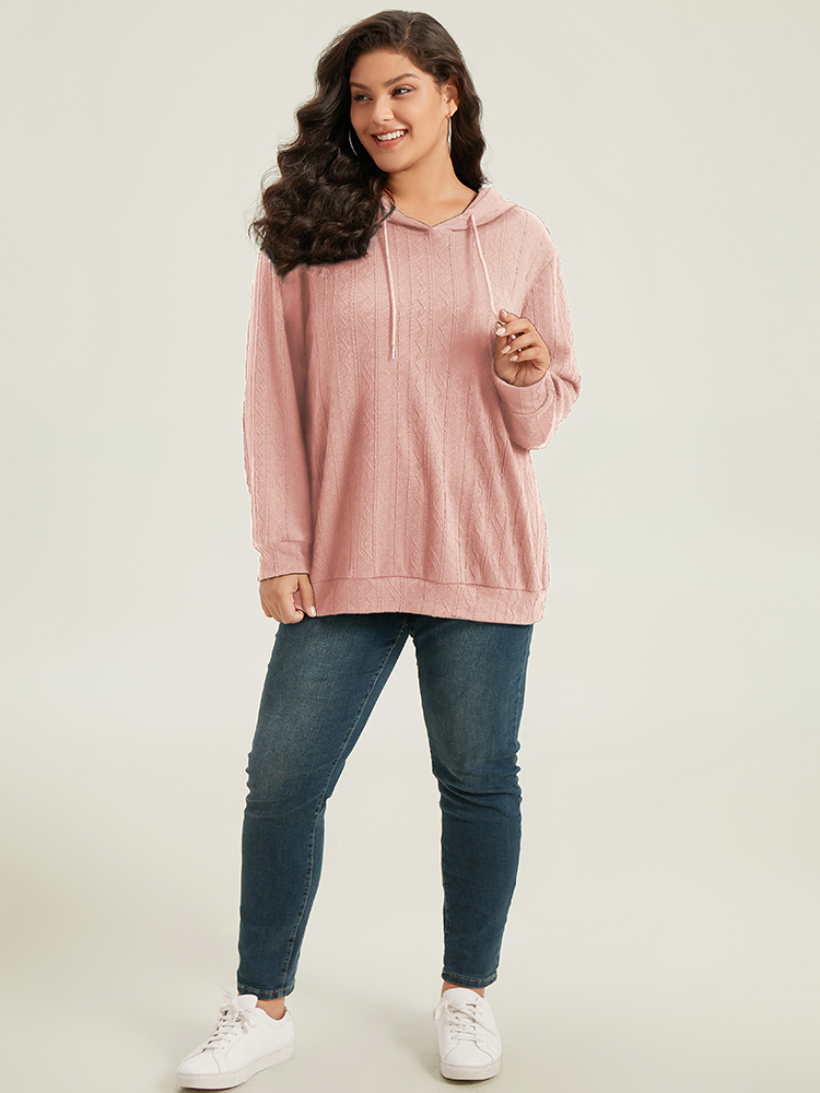 Plus Size Plain Textured Hooded Drawstring Sweatshirt Women Pink Casual Elastic cuffs Hooded Everyday Sweatshirts BloomChic 18-20/2X 