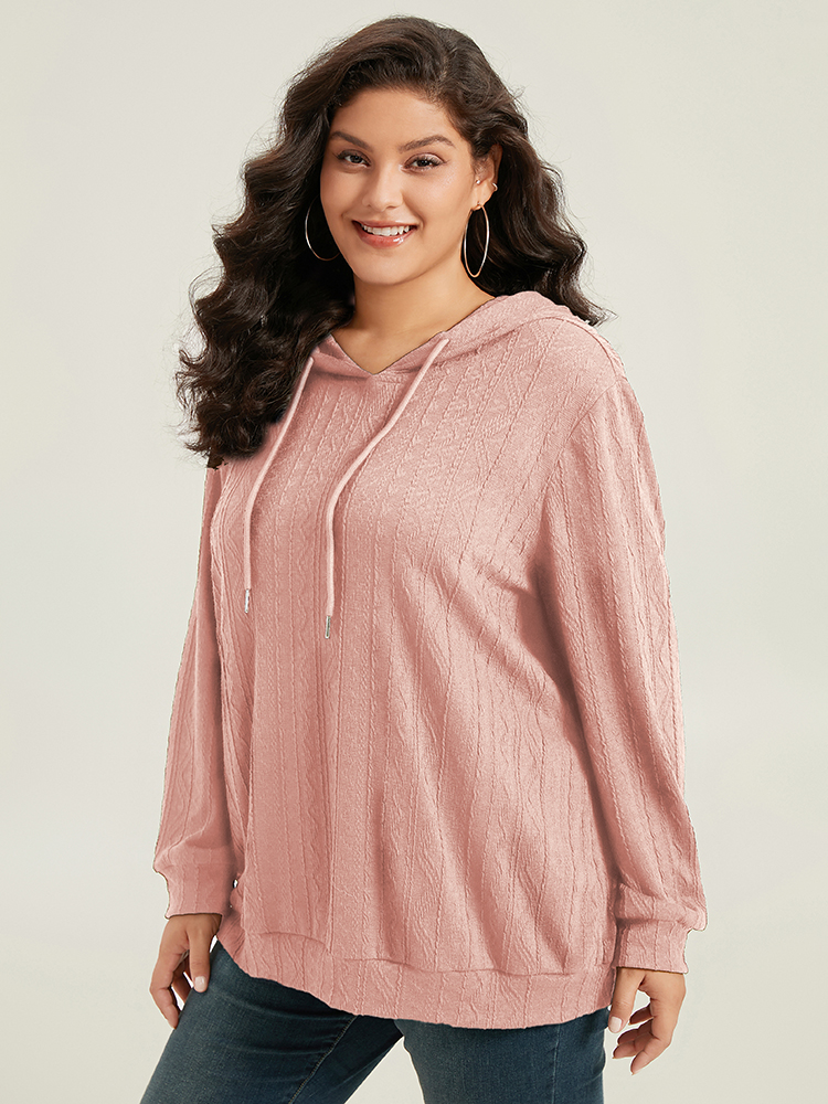 Plus Size Plain Textured Hooded Drawstring Sweatshirt Women Pink Casual Elastic cuffs Hooded Everyday Sweatshirts BloomChic 18-20/2X 
