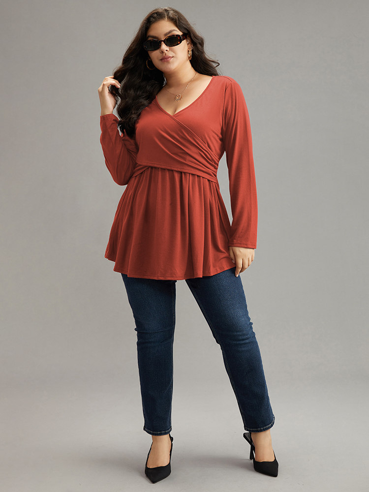 

Plus Size Solid Crossover V Neck Ruffle Hem T-shirt Russet V-neck Long Sleeve Elegant Jersey Tops