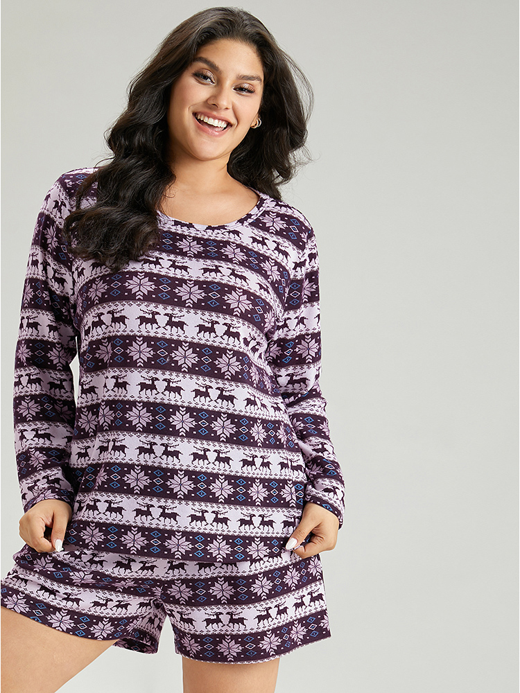 

Plus Size Christmas Elk Print Round Neck Sleep Top Eggplant Graphic-Christmas Long Sleeve Round Neck Festival-Christmas Casual  Bloomchic