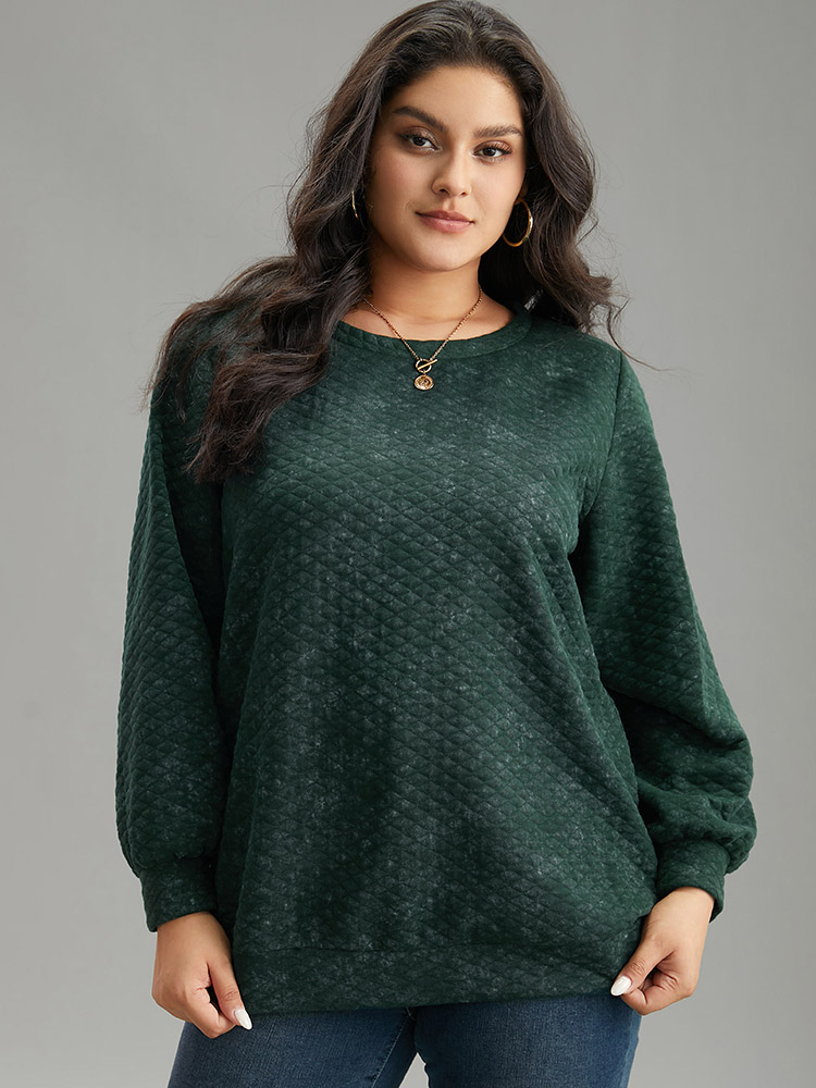 Plus Size Plain Textured Round Neck Sweatshirt Women Green Casual Texture Round Neck Dailywear Sweatshirts BloomChic 28/5X 
