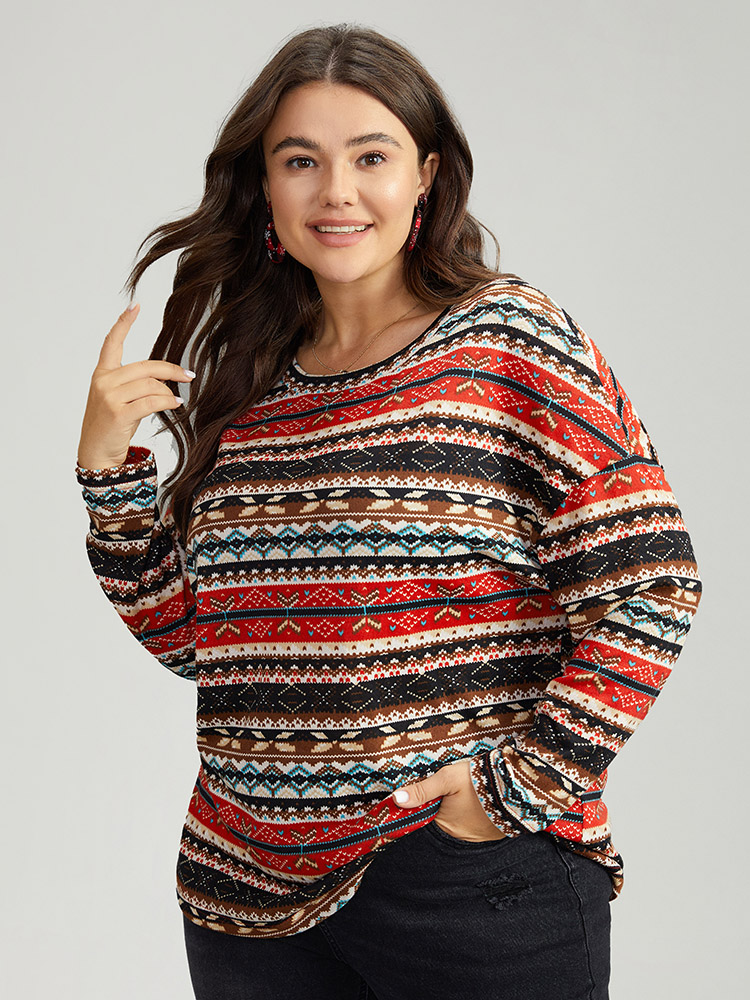 Plus Size Christmas Print Contrast Crew Neck T-shirt Multicolor Women Casual Contrast Graphic-Christmas Round Neck Festival-Christmas T-shirts BloomChic 12/L 