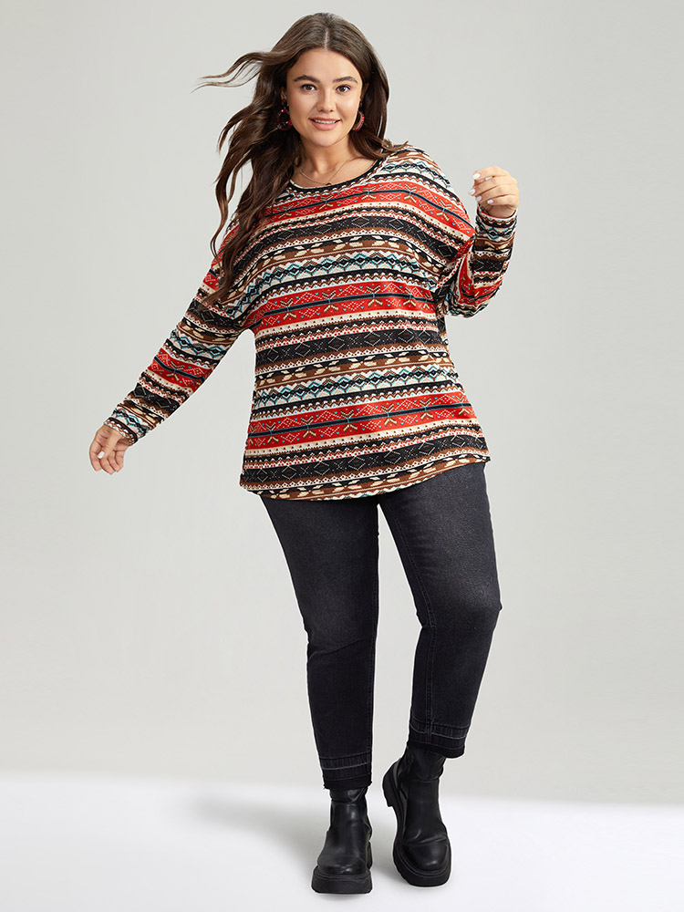 Plus Size Christmas Print Contrast Crew Neck T-shirt Multicolor Women Casual Contrast Graphic-Christmas Round Neck Festival-Christmas T-shirts BloomChic 12/L 