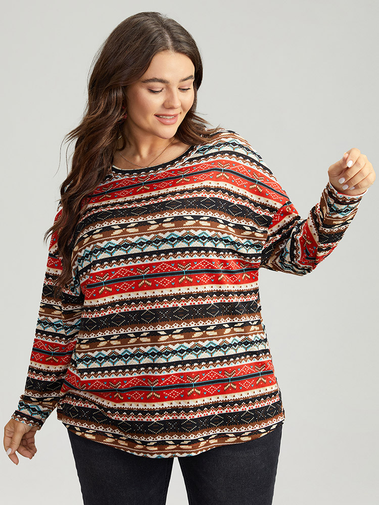 Plus Size Christmas Print Contrast Crew Neck T-shirt Multicolor Women Casual Contrast Graphic-Christmas Round Neck Festival-Christmas T-shirts BloomChic 12/L 