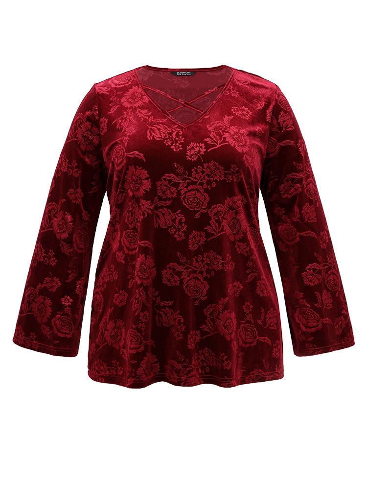 

Plus Size Solid Velvet Floral Crisscross T-shirt Burgundy V-neck Long Sleeve Elegant Jersey Tops