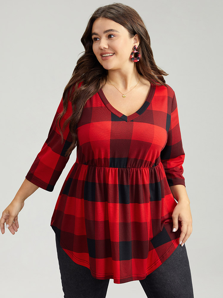 

Plaid V Neck Elastic Waist Arc Hem T-shirt, Red