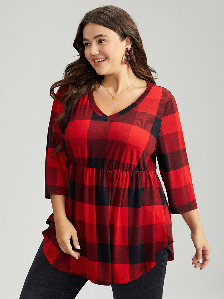 

Plus Size Plaid V Neck Elastic Waist Arc Hem T-shirt Red V-neck Elbow-length sleeve Casual Jersey Tops