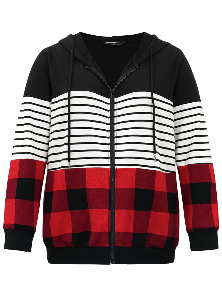 

Plus Size Plaid Striped Patchwork Hooded Drawstring Sweatshirt Women Multicolor Casual Elastic cuffs Hooded Festival-Christmas Sweatshirts BloomChic