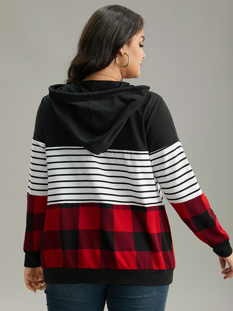 Plus Size Plaid Striped Patchwork Hooded Drawstring Sweatshirt Women Multicolor Casual Elastic cuffs Hooded Festival-Christmas Sweatshirts BloomChic 28/5X 
