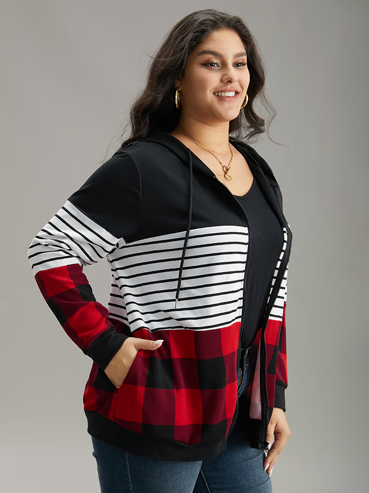 Plus Size Plaid Striped Patchwork Hooded Drawstring Sweatshirt Women Multicolor Casual Elastic cuffs Hooded Festival-Christmas Sweatshirts BloomChic 28/5X 