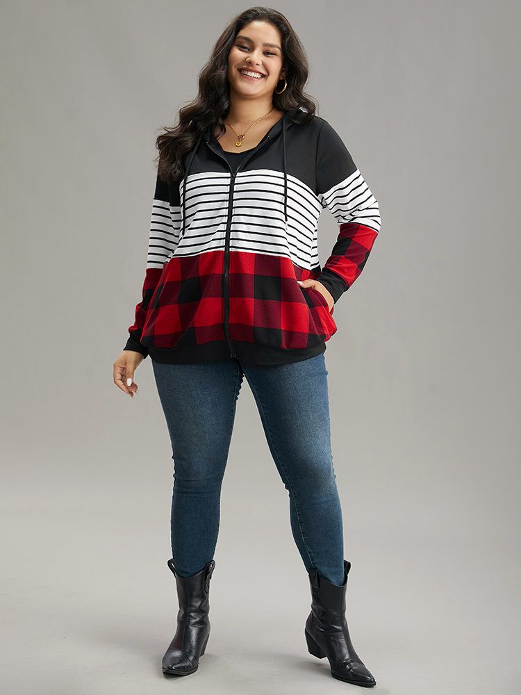 Plus Size Plaid Striped Patchwork Hooded Drawstring Sweatshirt Women Multicolor Casual Elastic cuffs Hooded Festival-Christmas Sweatshirts BloomChic 28/5X 