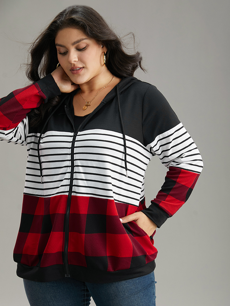 Plus Size Plaid Striped Patchwork Hooded Drawstring Sweatshirt Women Multicolor Casual Elastic cuffs Hooded Festival-Christmas Sweatshirts BloomChic 28/5X 