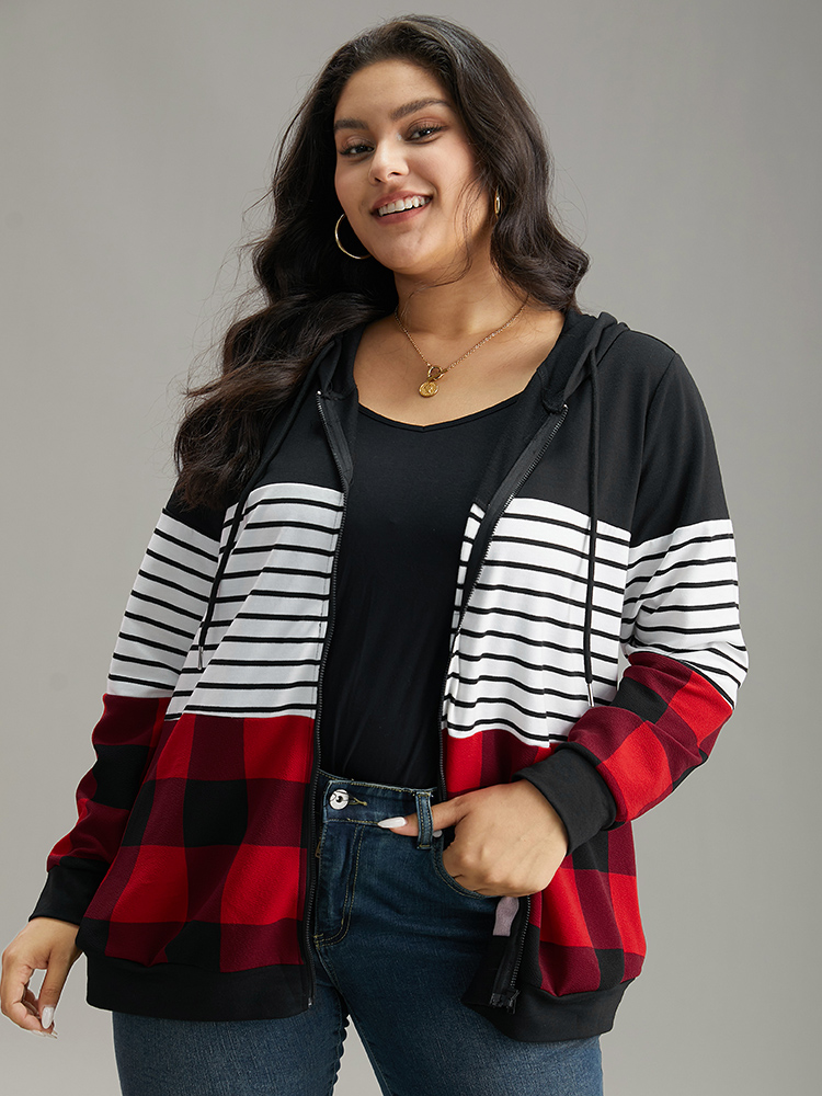Plus Size Plaid Striped Patchwork Hooded Drawstring Sweatshirt Women Multicolor Casual Elastic cuffs Hooded Festival-Christmas Sweatshirts BloomChic 28/5X 