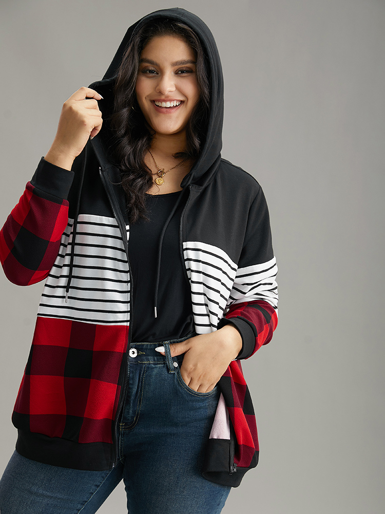 Plus Size Plaid Striped Patchwork Hooded Drawstring Sweatshirt Women Multicolor Casual Elastic cuffs Hooded Festival-Christmas Sweatshirts BloomChic 28/5X 