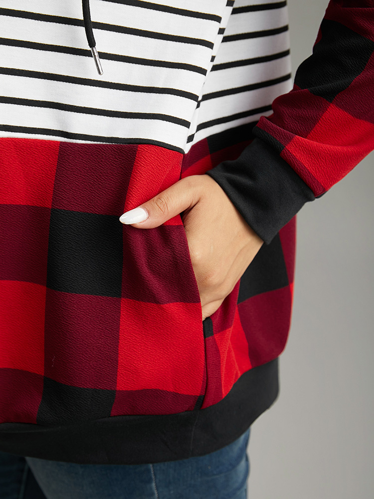 Plus Size Plaid Striped Patchwork Hooded Drawstring Sweatshirt Women Multicolor Casual Elastic cuffs Hooded Festival-Christmas Sweatshirts BloomChic 28/5X 