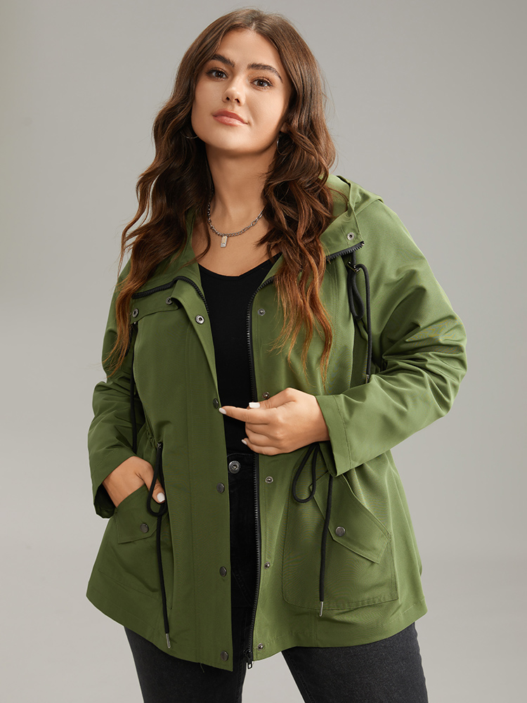 

Plus Size Wind-Resistant Hooded Drawstring Waistline Inside Coat Women ArmyGreen Plain Pocket Dailywear Jackets BloomChic