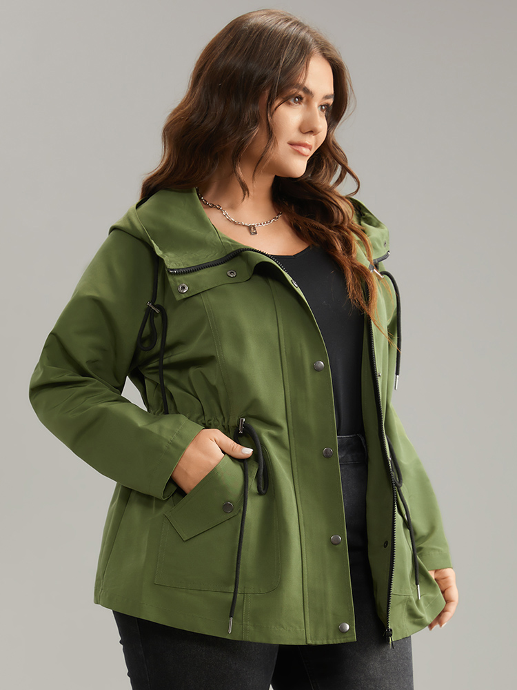

Plus Size Wind-Resistant Hooded Drawstring Waistline Inside Coat Women ArmyGreen Plain Pocket Dailywear Jackets BloomChic