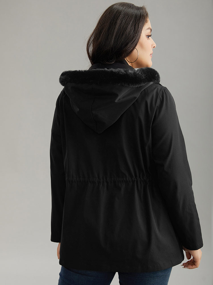 Plus Size Plain Zipper Hooded Pocket Drawstring Coat Women Black Casual Plain Ladies Dailywear Winter Coats BloomChic 14-16/1X 