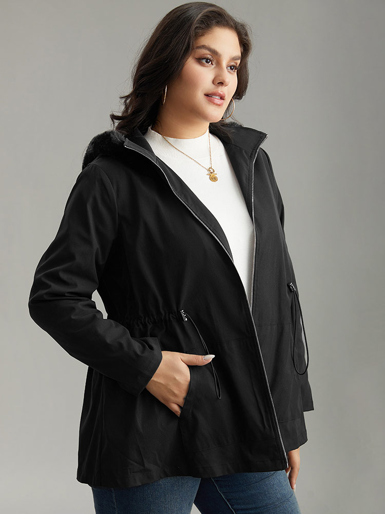 Plus Size Plain Zipper Hooded Pocket Drawstring Coat Women Black Casual Plain Ladies Dailywear Winter Coats BloomChic 14-16/1X 