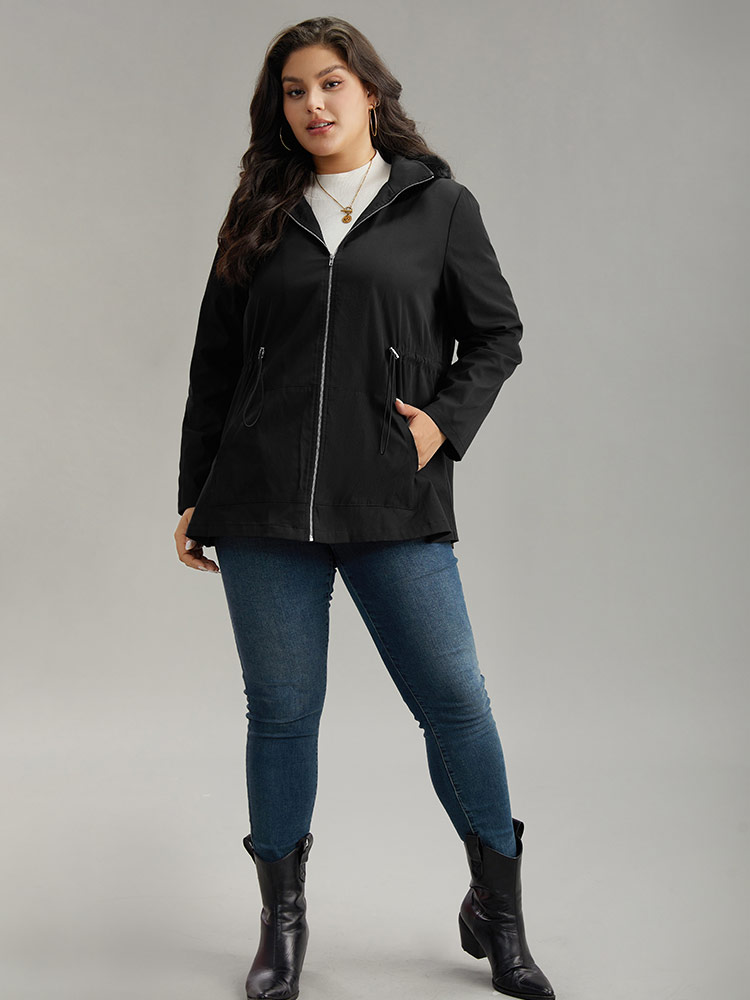 Plus Size Plain Zipper Hooded Pocket Drawstring Coat Women Black Casual Plain Ladies Dailywear Winter Coats BloomChic 14-16/1X 