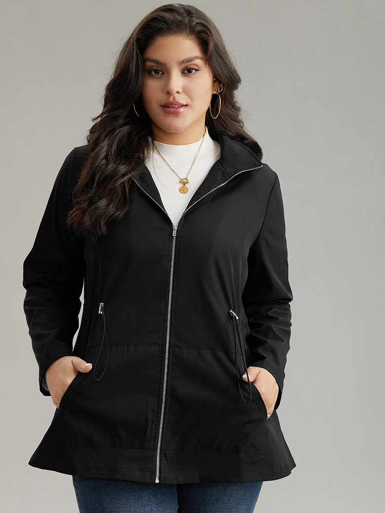 Plus Size Plain Zipper Hooded Pocket Drawstring Coat Women Black Casual Plain Ladies Dailywear Winter Coats BloomChic 14-16/1X 