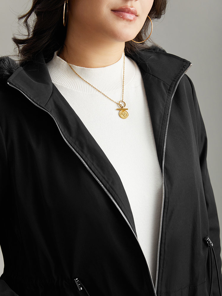 Plus Size Plain Zipper Hooded Pocket Drawstring Coat Women Black Casual Plain Ladies Dailywear Winter Coats BloomChic 14-16/1X 