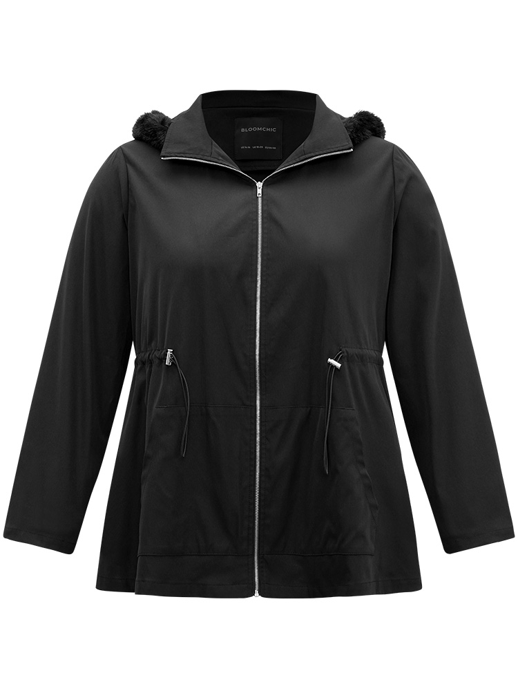 Plus Size Plain Zipper Hooded Pocket Drawstring Coat Women Black Casual Plain Ladies Dailywear Winter Coats BloomChic 14-16/1X 