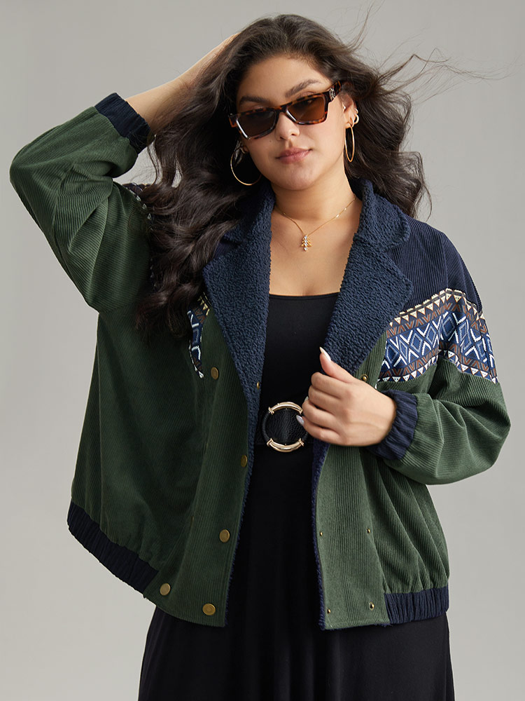 

Plus Size Lapel Collar Geometric Patchwork Jacket Women ArmyGreen Elastic cuffs Dailywear Jackets BloomChic