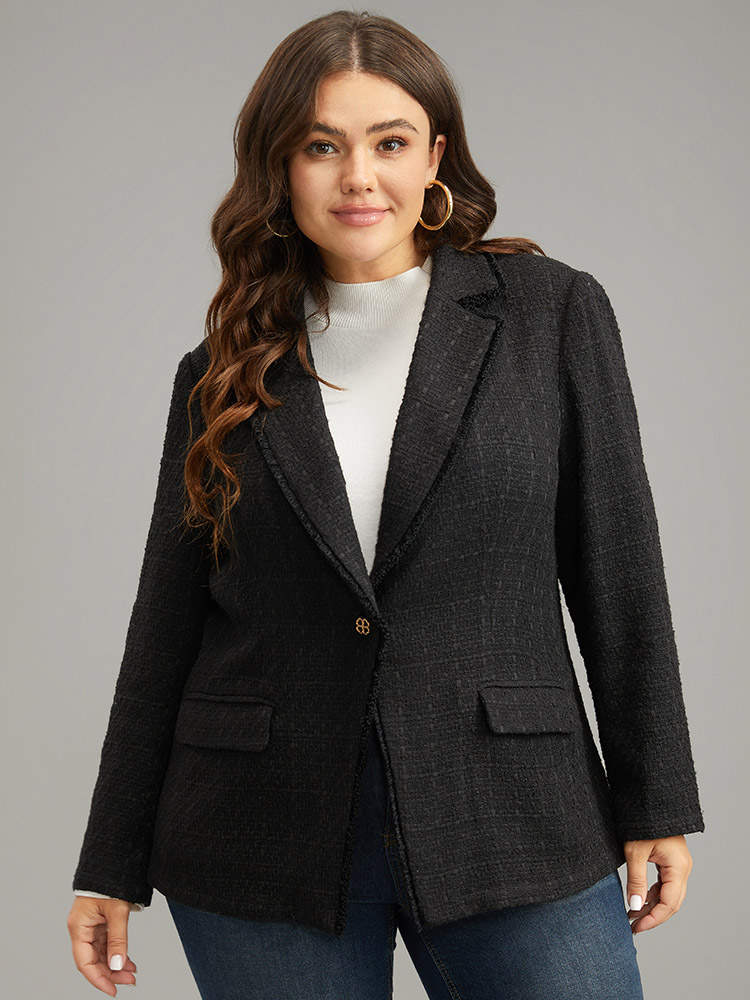 

Plus Size Plain Tweed Plisse Pocket Button Through Blazer Black Women Dailywear Plain Texture Sleeve Long Sleeve Suit Collar  Pocket Elegant Blazers BloomChic