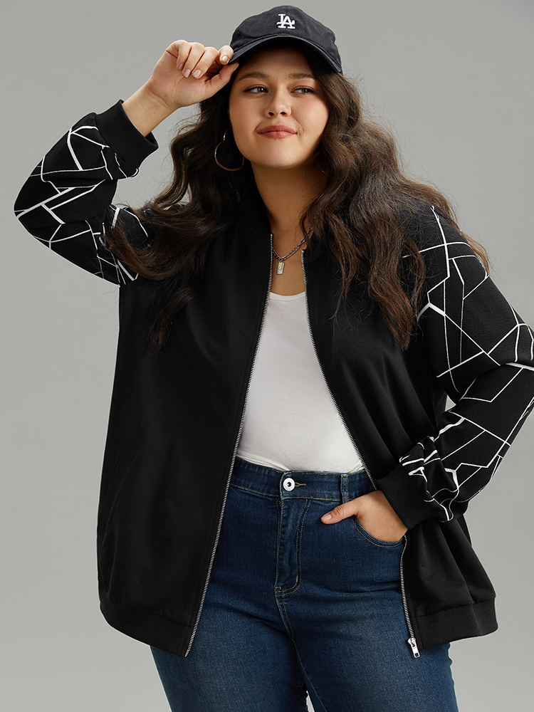 

Plus Size Geometric Graphic Patchwork Zipper Fly Bomber Jacket Women Black Elastic cuffs Pocket Dailywear Jackets BloomChic