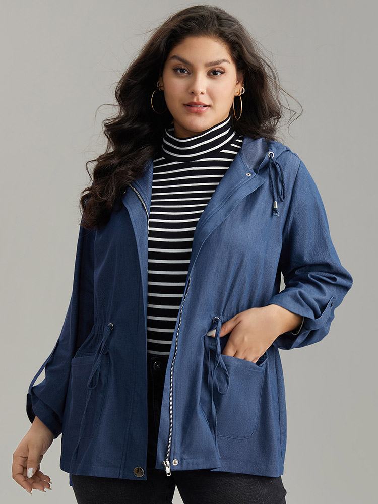 

Plus Size Solid Drawstring Knot Zipper Windbreaker Women Indigo Plain Pocket Everyday Jackets BloomChic