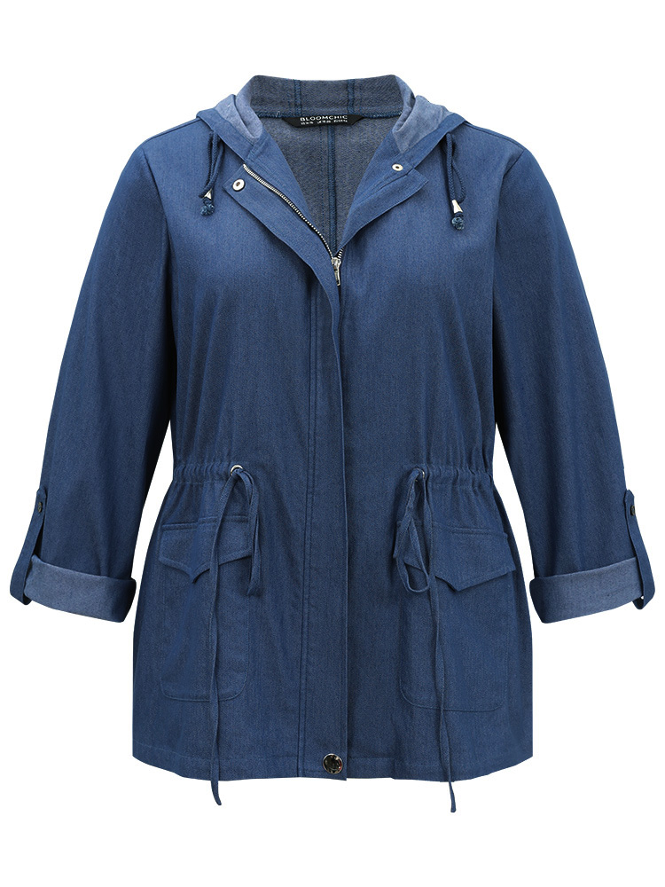 

Plus Size Solid Drawstring Knot Zipper Windbreaker Women Indigo Plain Pocket Everyday Jackets BloomChic