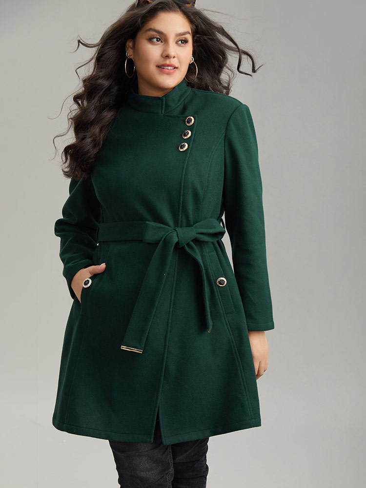 

Plus Size Solid Metal Detail Belted Pocket Coat Women DarkGreen Elegant Plain Ladies Everyday Winter Coats BloomChic