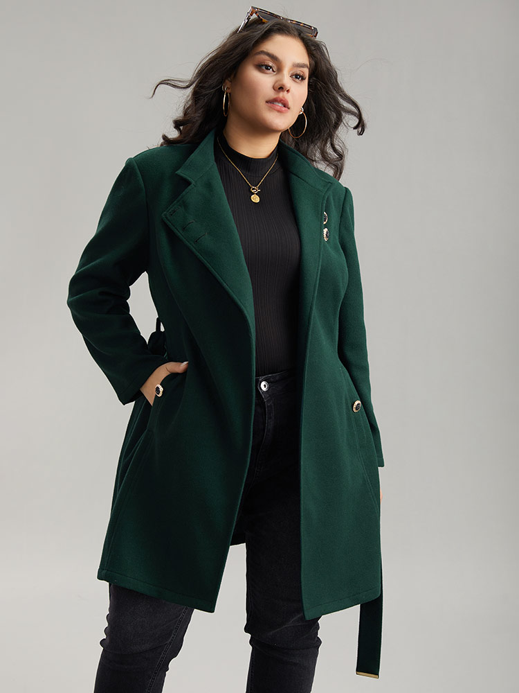 

Plus Size Solid Metal Detail Belted Pocket Coat Women DarkGreen Elegant Plain Ladies Everyday Winter Coats BloomChic