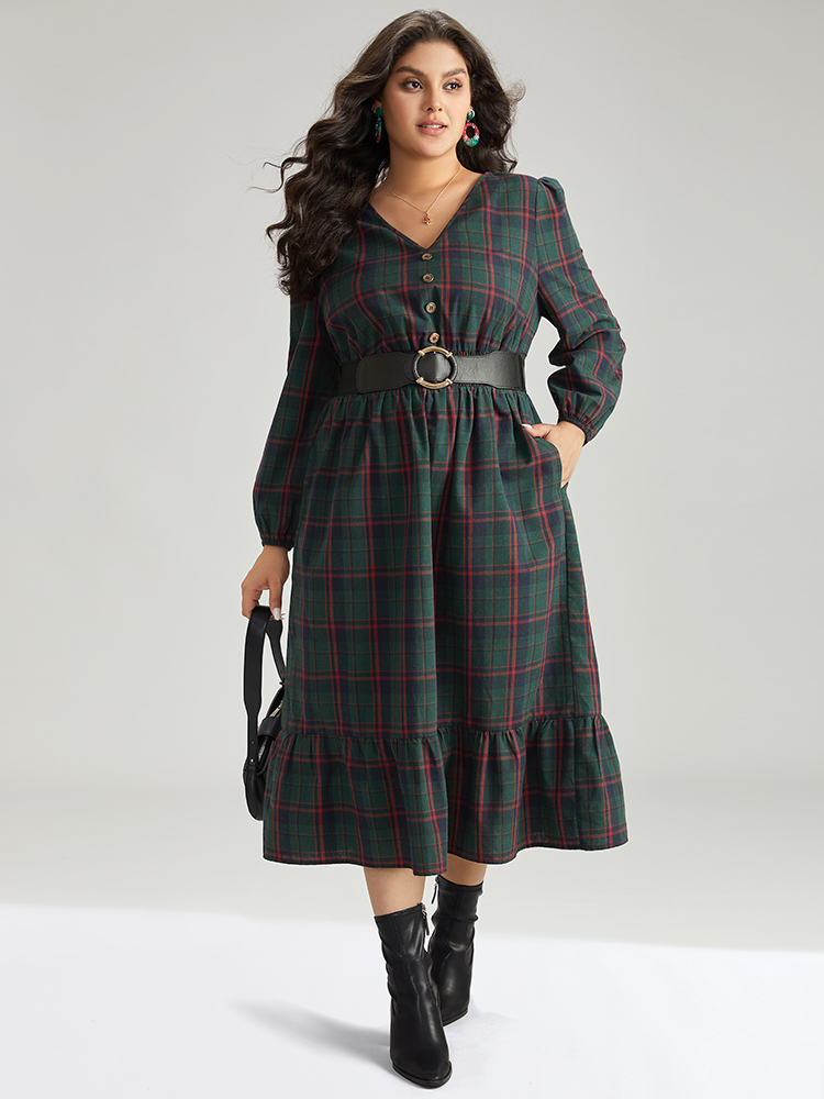 

Plus Size Plaid Shirred Button Detail Ruffle Hem Dress Multicolor Women Office Elastic cuffs V-neck Long Sleeve Curvy Midi Dress BloomChic