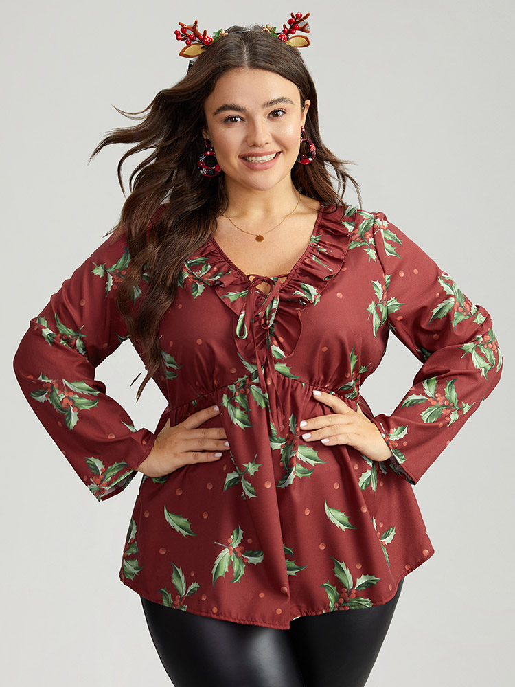 Plus Size Women Festival-Christmas Plants Cross straps Regular Sleeve Long Sleeve V-neck Elegant Blouses BloomChic 