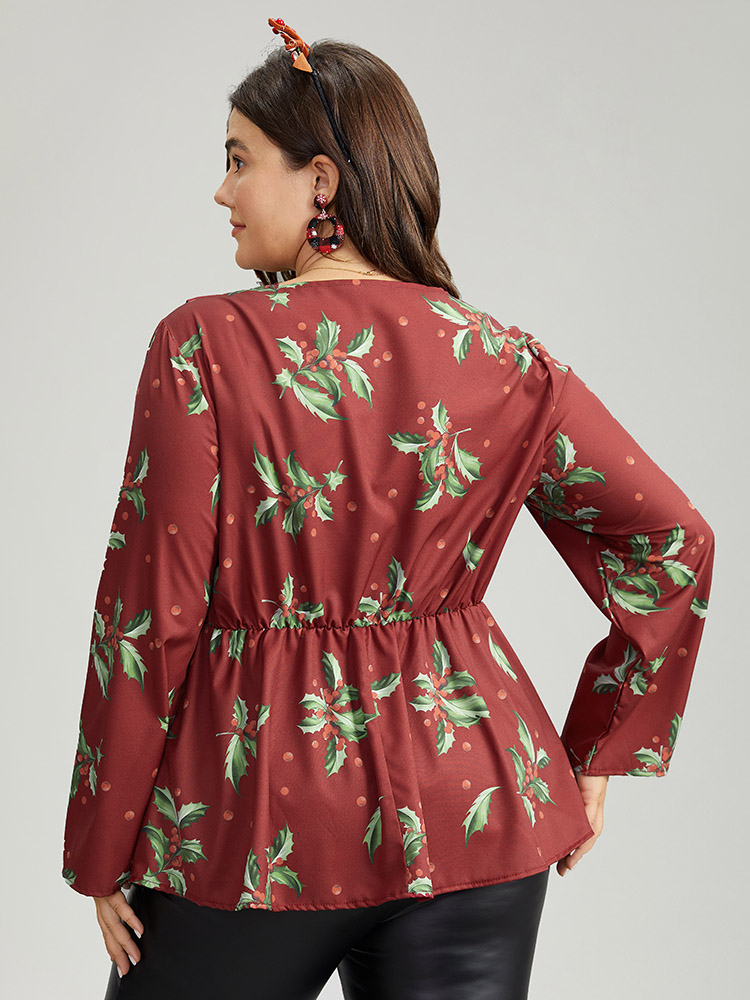 Plus Size Women Festival-Christmas Plants Cross straps Regular Sleeve Long Sleeve V-neck Elegant Blouses BloomChic 