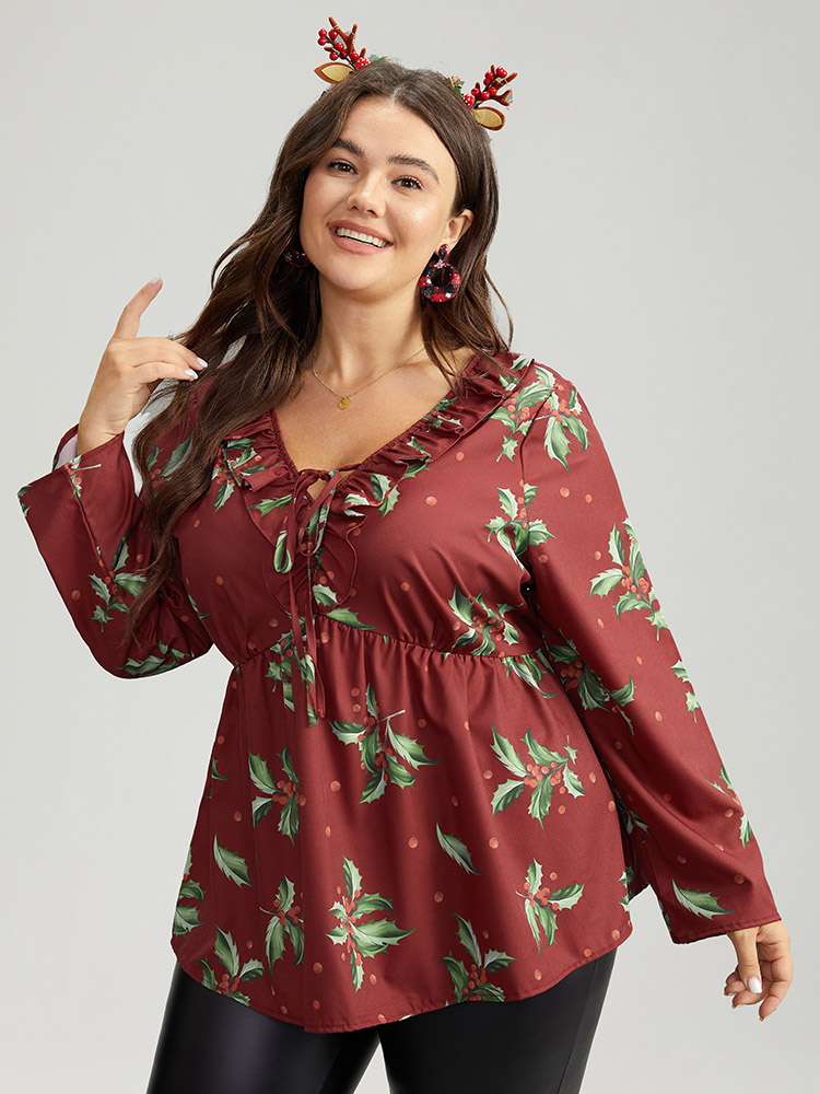 Plus Size Women Festival-Christmas Plants Cross straps Regular Sleeve Long Sleeve V-neck Elegant Blouses BloomChic 