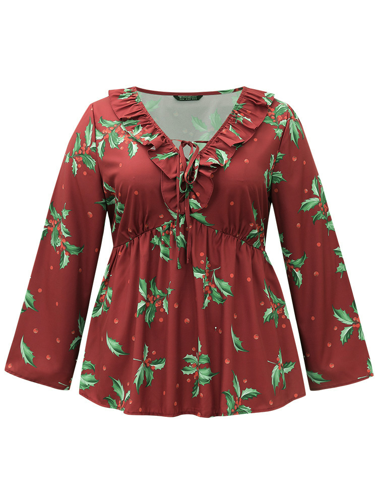 Plus Size Women Festival-Christmas Plants Cross straps Regular Sleeve Long Sleeve V-neck Elegant Blouses BloomChic 