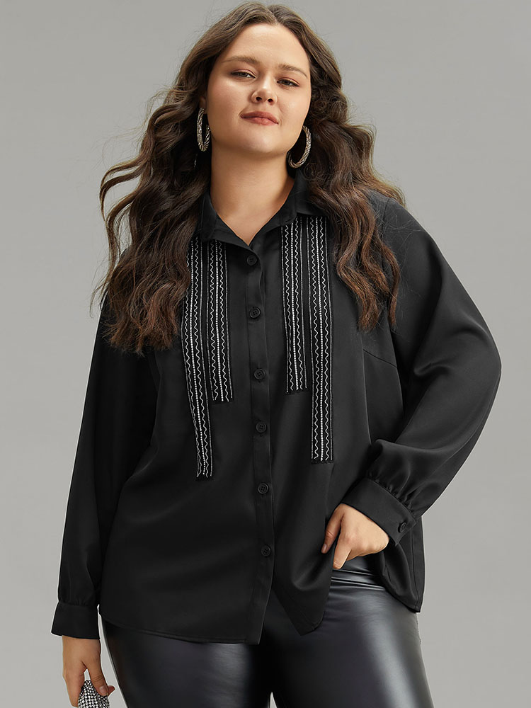 

Plus Size Black Twill Rhinestone Contrast Webbing Button Through Blouse Women Glamour Long Sleeve Shirt collar Going out Blouses BloomChic